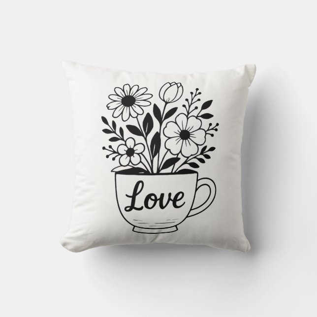 Pretty Black Tea Cup with Flowers Design Cushion (Front)