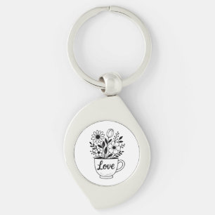Pretty Black Tea Cup with Flowers Design Key Ring