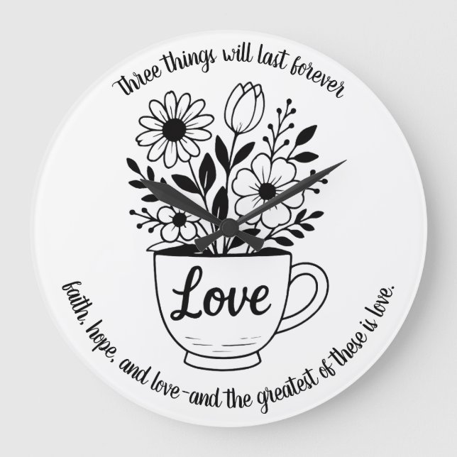 Pretty Black Tea Cup with Flowers Design Large Clock (Front)