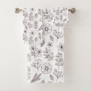 Pretty Black White Floral Botanical Bath Towel Set