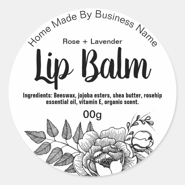 Pretty Black White Flower Art Lip Balm Labels (Front)