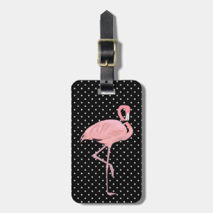 Pretty Black & White Polka Dots with Flamingo Luggage Tag