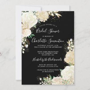 Pretty Black White Rose Floral Bridal Shower Invitation