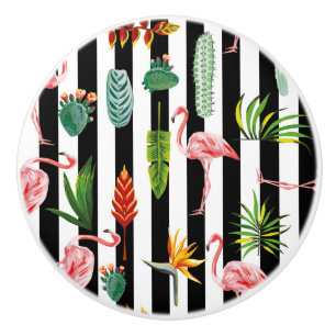 Pretty Black White Stripes with Flamingo Cactus Ceramic Knob