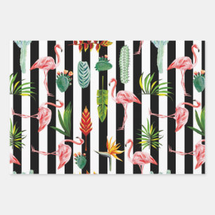 Pretty Black White Stripes with Flamingo Cactus Wrapping Paper Sheet