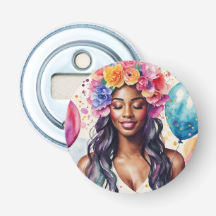 Pretty Black Woman Colourful Balloons Party Bottle Opener