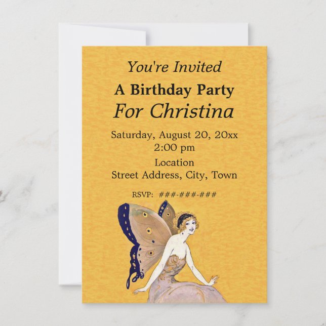 Pretty Blonde Birthday Fairy Butterfly Wings Yello Invitation (Front)