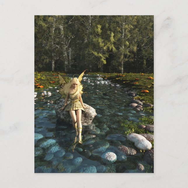 Pretty Blonde Fairy Paddling in a Forest Stream Postcard (Front)