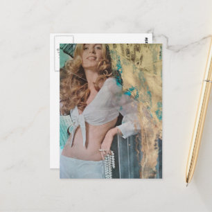 Pretty Blonde lady with pearls Mixed media collage Postcard