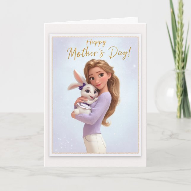 Pretty Blonde Mama Snuggling Her Baby Bunny Girl Card (Front)