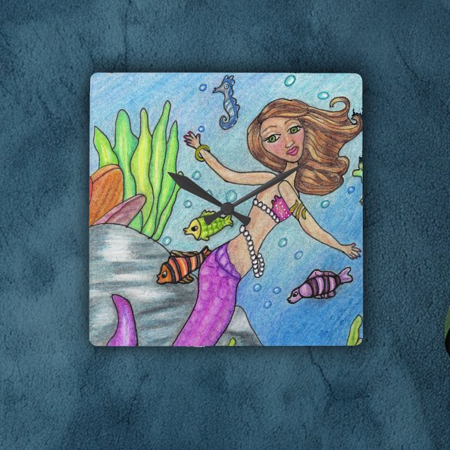 Pretty Blonde Mermaid Pearls Pink Tail in Ocean Square Wall Clock (Pretty pink mermaid in ocean by rocks with fish on square wall clock.)