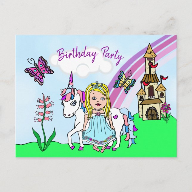Pretty Blonde Princess and Unicorn Birthday Invite Postcard (Front)