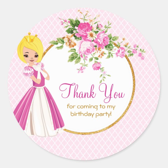 Pretty Blonde Princess Birthday Thank You Sticker (Front)