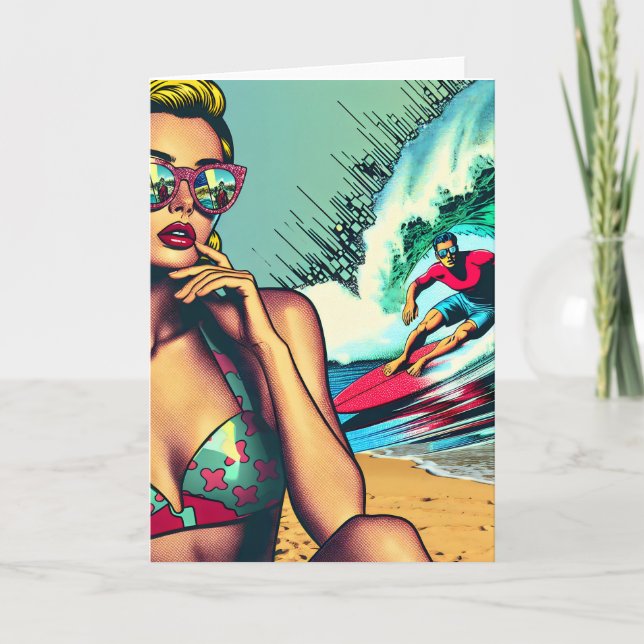 Pretty Blonde Retro Woman and Surfer Guy Card (Front)