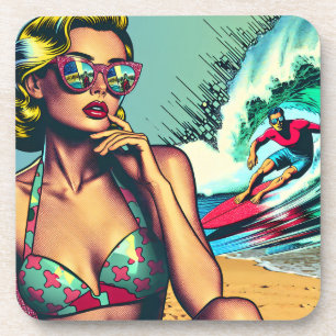 Pretty Blonde Retro Woman and Surfer Guy Coaster