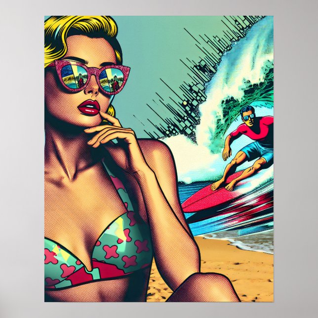 Pretty Blonde Retro Woman and Surfer Guy Poster (Front)