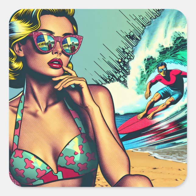 Pretty Blonde Retro Woman and Surfer Guy Square Sticker (Front)