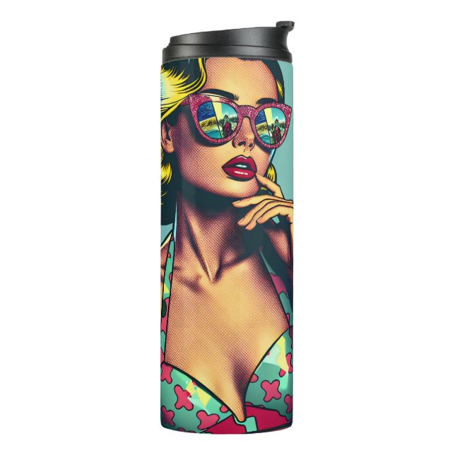 Pretty Blonde Retro Woman and Surfer Guy Thermal Tumbler (Rotated Left)