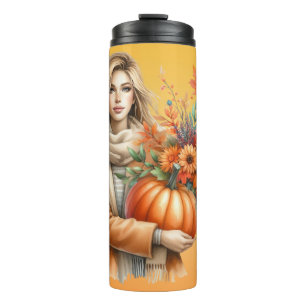 PRETTY BLONDE WOMAN WITH FALL PUMPKINS AND FLOWERS THERMAL TUMBLER