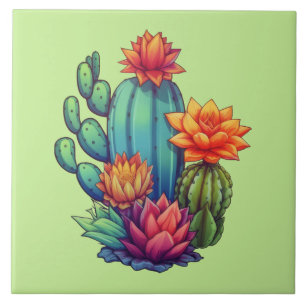 Pretty Blooming Cactus Ceramic Tile