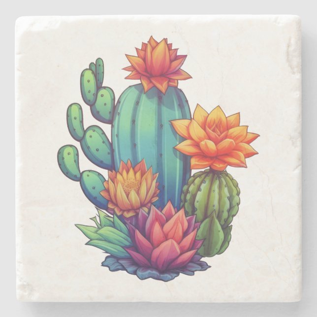 Pretty Blooming Cactus Stone Coaster (Front)