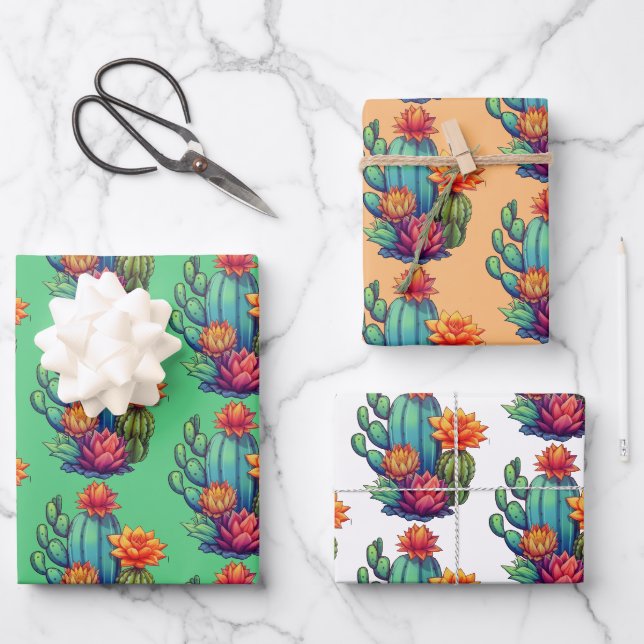 Pretty Blooming Cactus Wrapping Paper Sheet (Front)