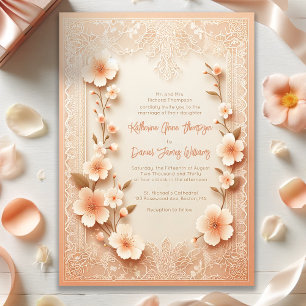 Pretty Blossoming Romantic Lace Peach Wedding Invitation