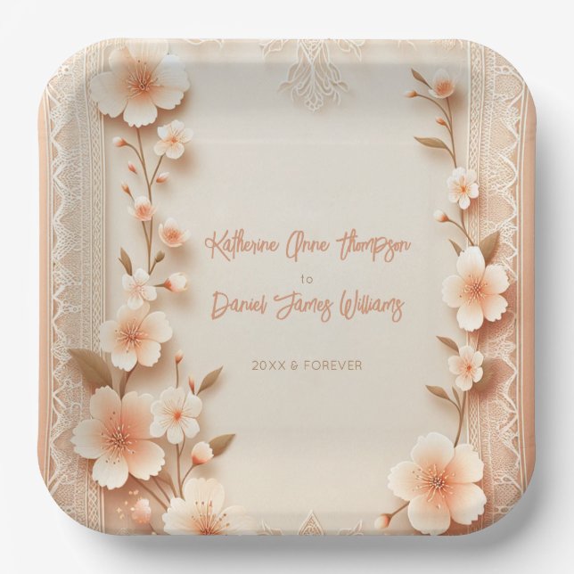 Pretty Blossoming Romantic Lace Peach Wedding Paper Plate (Front)