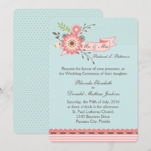 Pretty Blue and Coral Floral Wedding Invitation