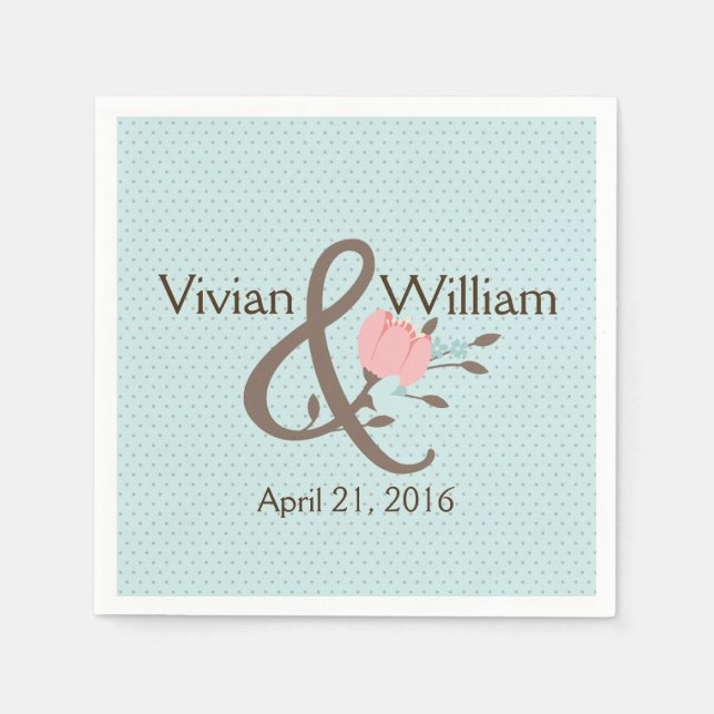 Pretty Blue and Coral Floral Wedding Napkin (Front)