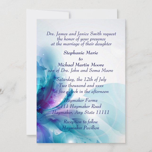 Pretty Blue and Floral Abstract Wedding Invitation (Front)