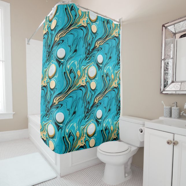 Pretty Blue and Gold Fluid Art Abstract Bubbles Shower Curtain (In Situ)