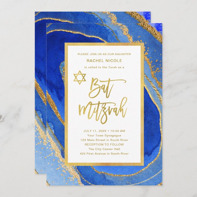 Pretty Blue and Gold Geode | Bat Mitzvah Invitation (Front/Back)