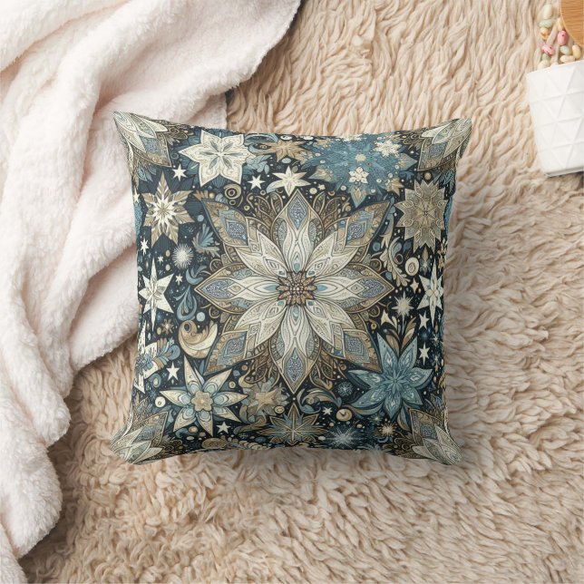 Pretty Blue and Gold Snowflakes Festive Cushion (Blanket)