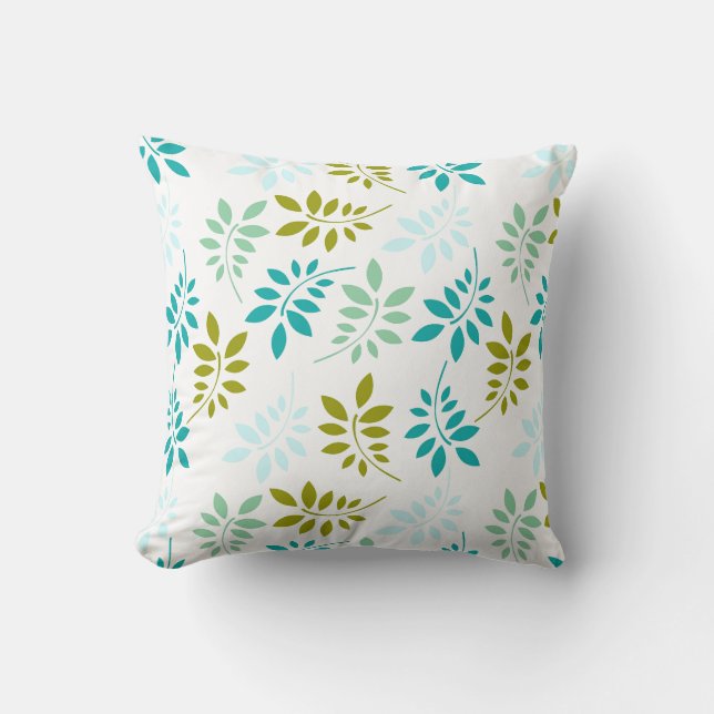 Pretty Blue And Green Leaf Pattern Cushion (Front)