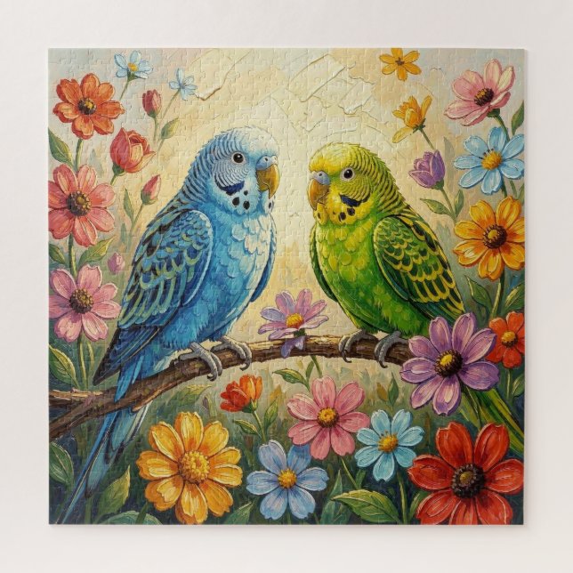 Pretty  Blue and Green Parakeets  Jigsaw Puzzle (Vertical)