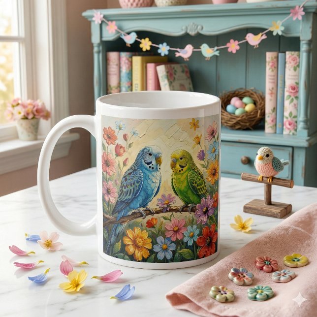 Pretty  Blue and Green Parakeets Personalised Coffee Mug (Creator Uploaded)