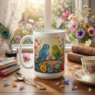 Pretty  Blue and Green Parakeets Personalised Coffee Mug
