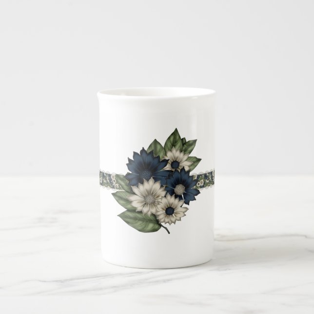 Pretty Blue and Ivory Floral Bone China Mug (Front)