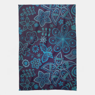 Pretty Blue And Navy Floral Pattern With Butterfly Tea Towel