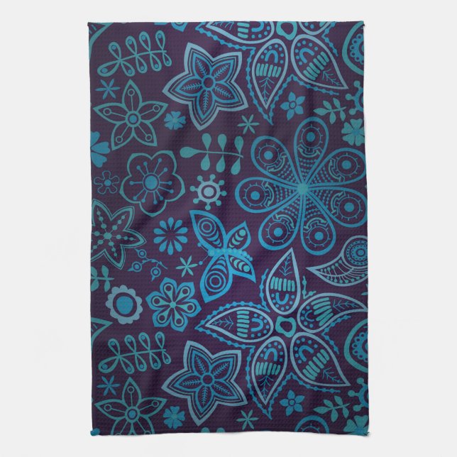 Pretty Blue And Navy Floral Pattern With Butterfly Tea Towel (Vertical)