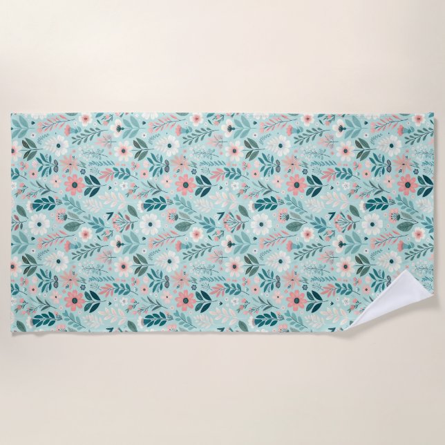 Pretty Blue and Pink Pastel Folk Art Flowers Beach Towel (Front)