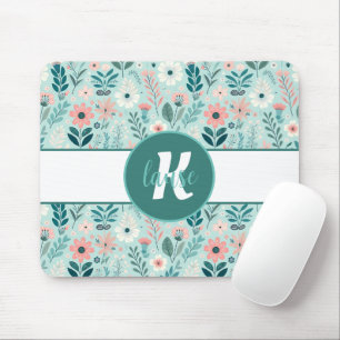 Pretty Blue and Pink Pastel Folk Art Flowers Mouse Pad