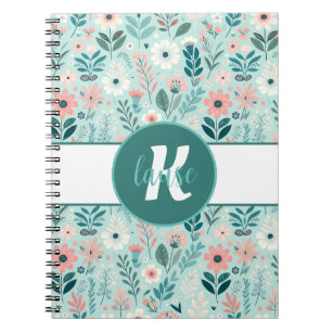 Pretty Blue and Pink Pastel Folk Art Flowers Notebook