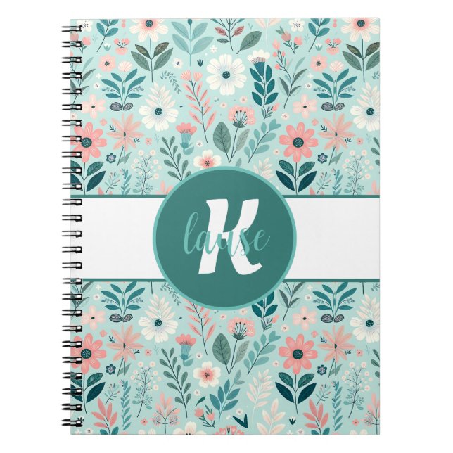Pretty Blue and Pink Pastel Folk Art Flowers Notebook (Front)