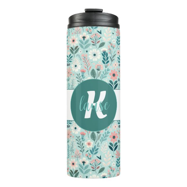 Pretty Blue and Pink Pastel Folk Art Flowers Thermal Tumbler (Front)