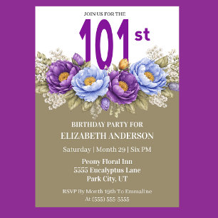 Pretty Blue and Purple Peony 101st Birthday Invitation