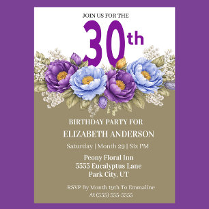 Pretty Blue and Purple Peony 30th Birthday Invitation