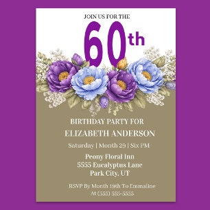 Pretty Blue and Purple Peony 60th Birthday Invitation