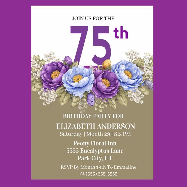 Pretty Blue and Purple Peony 75th Birthday Invitation (Elegant 75th birthday invitation with blue and purple peony flowers)
